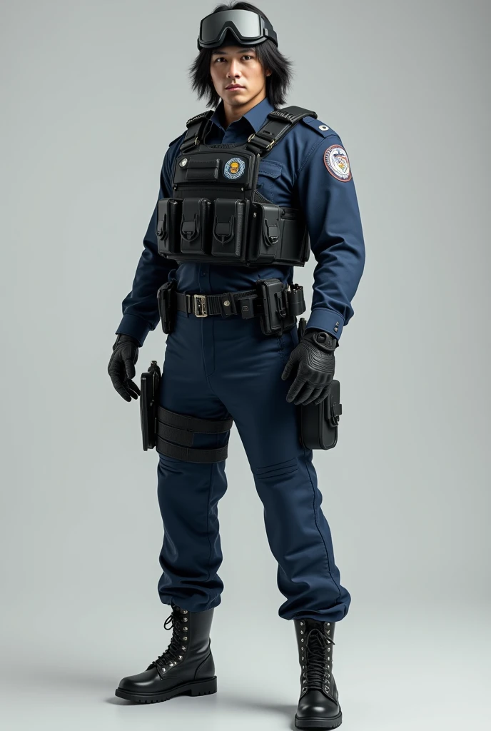 Police image style optimized version：Police uniform, Serious face, Glove in hand and truncheon,Shadows are noticeable under light，musculature，Boots，Man。