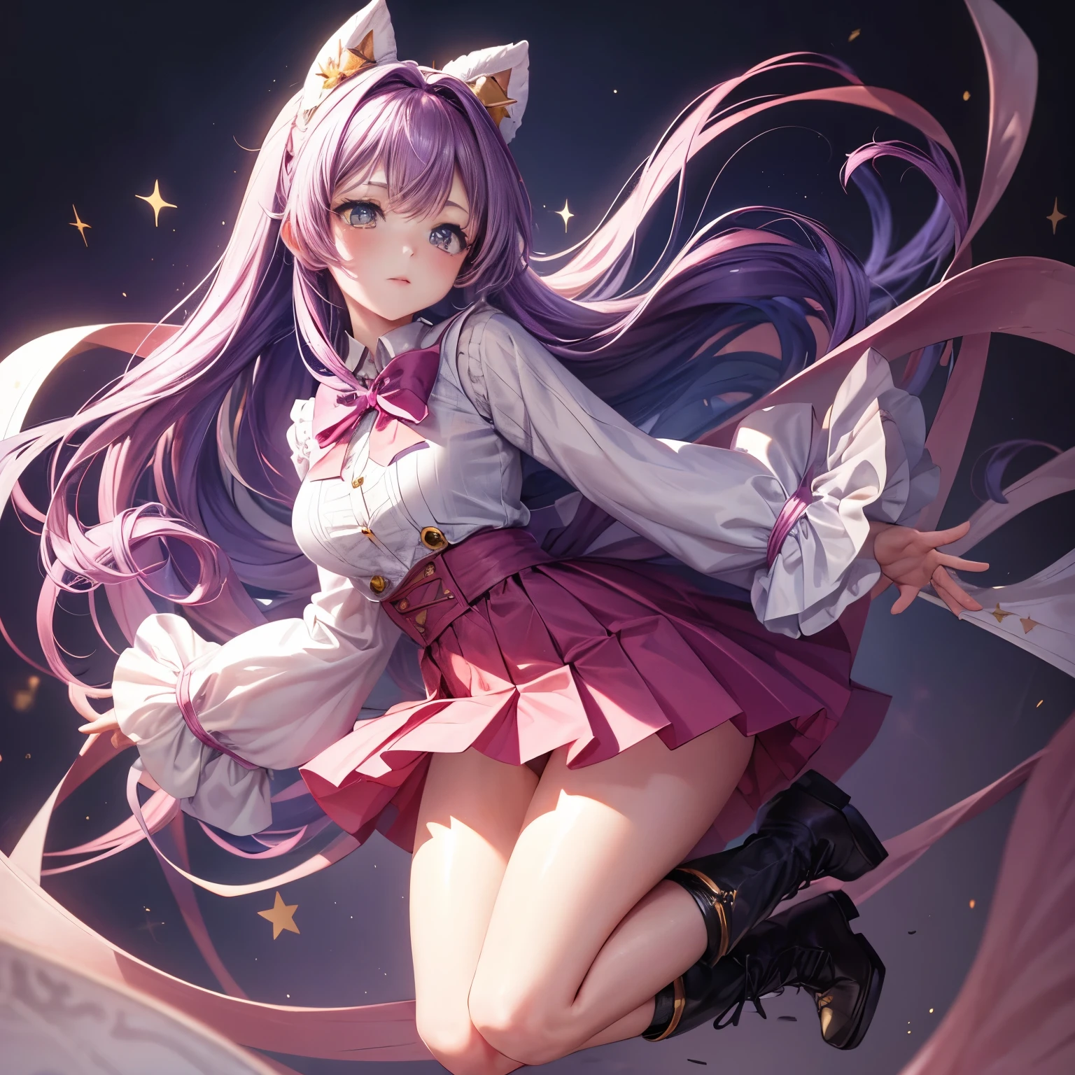 4k, HDR, full HD, Masterpiece, 1girl, (purple hair), perfect anatomy, full body, A long-sleeved top: White, with red details. This top has a tight and elegant design that highlights your figure. She wears a kind of pink bow with a purple gem on top of her blouse, like the sailor version in the anime. A short pink pleated skirt, with two white lines at the end. The skirt is super tight at the waist, with yellow buttons. Blue gloves: They cover a little above the wrists, fingers are exposed. High red ankle boots, a pink ribbon that she wears on her head, sideways, forming a bow, with a gold star in the center. Some black stockings that extend before the skirt.