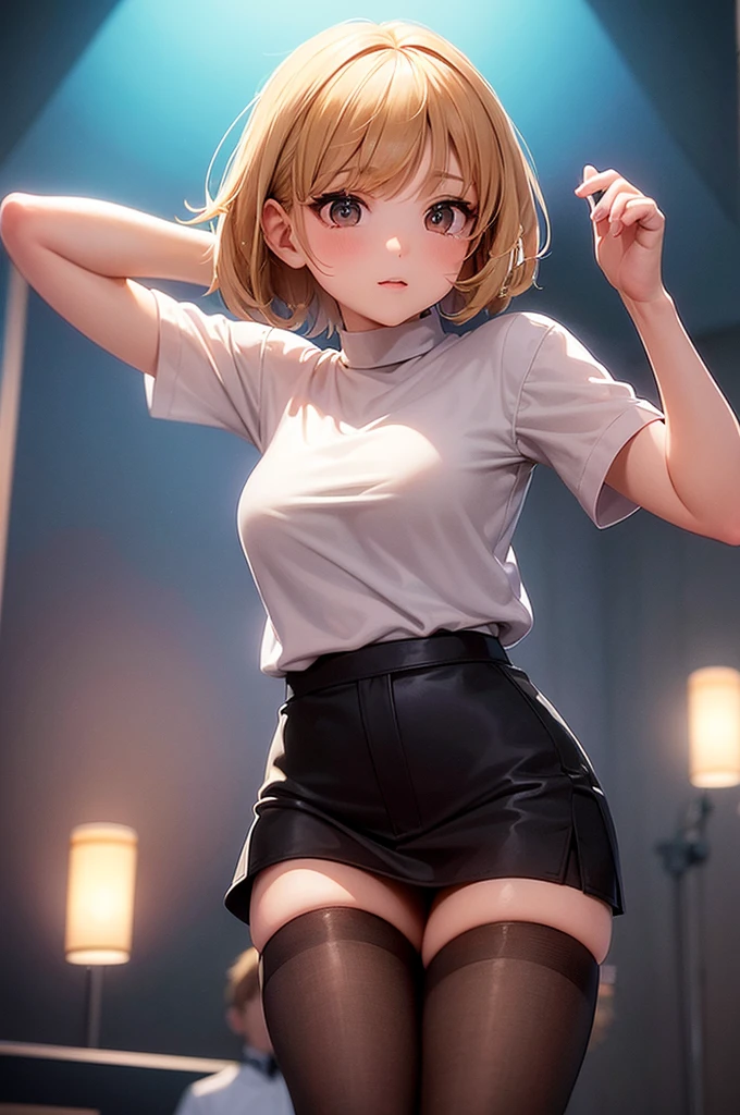 (Idol:1.6), (Tank top:1.6)、(ruffle skirt、mini skirt:1.7)、 (not wearing panties、wet pussy:1.8)、((highest quality, 8K, masterpiece:1.3)), detailed eye, look at the camera, ((Natural light:1.2)), blondeの1女の子,slim,(professional photographer) brown eyes, (blonde,Matched bangs,bob hair:1.4), looking at the viewer、blush、、very embarrassing、crying expression、red cheeks、(On Stage:1.4)、(large audience:1.9)