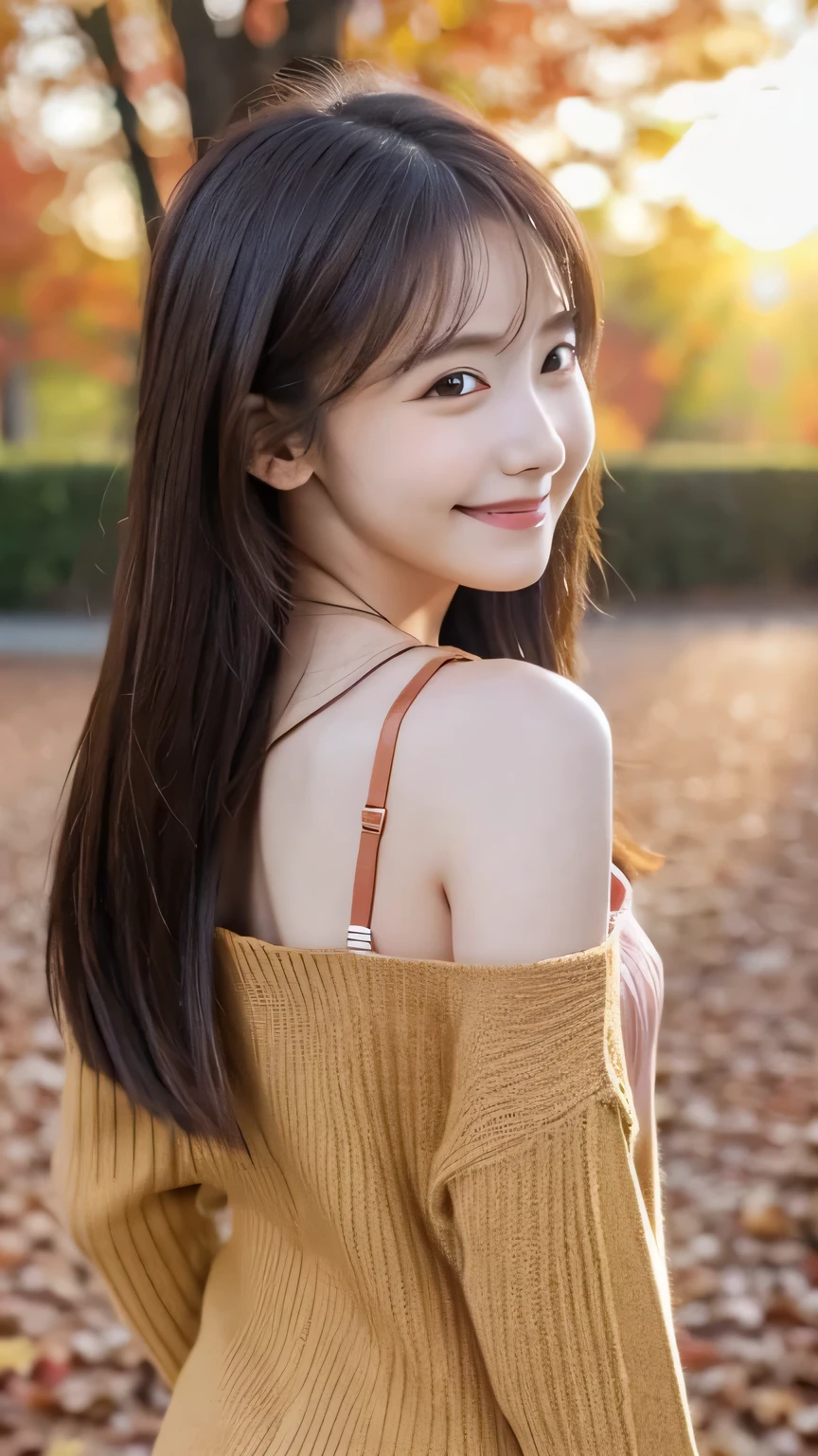 8K Super Resolution、Beauty、One Lady、Dark Brown Hair:1.1、Ultra-detailed face、Detailed lips、important、(Eyes meet)、double eyelid、Princess Eyes、 Beautiful Japanese Woman、Beautiful Japanese Woman、 Sensual lips、Bewitching body、Bust size 82、8 Life-size、Standing in a provocative pose facing forward with a well-balanced, natural body、Girlfriend in her 20s、(28 years old)、far and near method、Smile with a beautiful smile、 Wearing a one-piece dress、Hair blowing in the wind、Clear images、The sparkle of tiny eyes、Fine autumn leaves dyed red、color々Hair style、