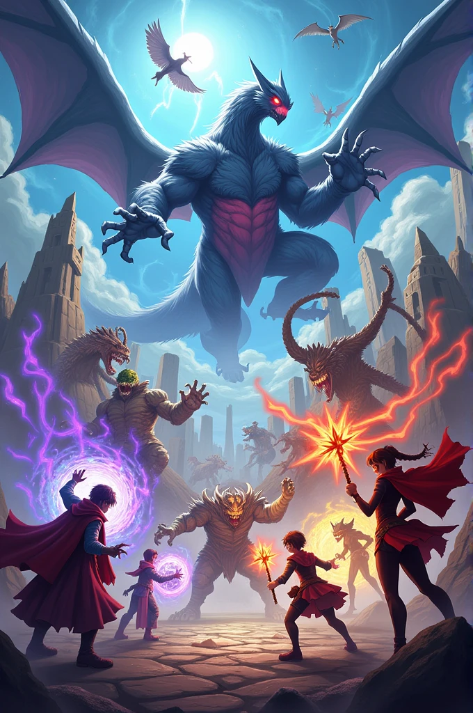 Hercules facing various mythological creatures in a coliseum! Epic scene with lots of action! Hercules dark hair and blue clothes! fancy, magie, mythological beings, epic