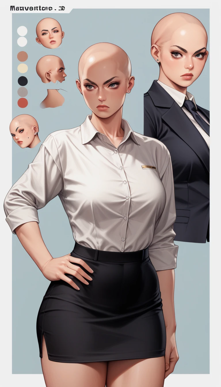 digital anime art, highly detailed, reference sheet, fighting pose, hand on hip, feminine features, mature woman, adult female, tall figure, whole body, bald, form-fitting, office shirt, cropped sleeves, long pencil skirt, shoes, 1woman, solo, upper body, lower body, ((Extremely Detailed)), ((Best Quality)), ((Masterpiece)), ((4k)),
