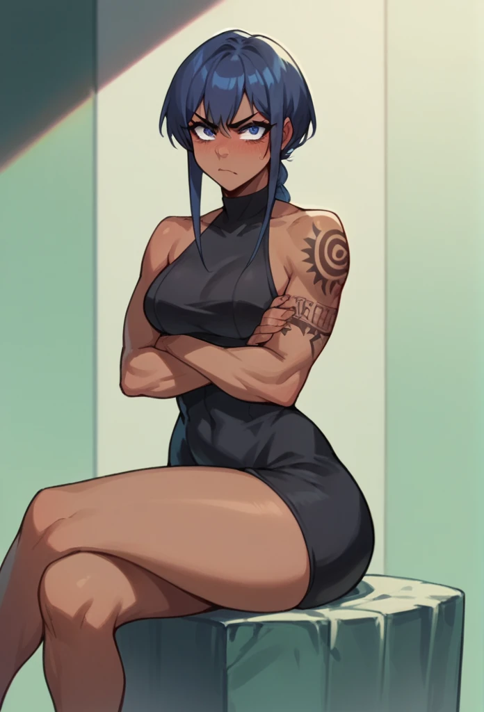 Dark skinned woman, long blue hair, Black dress , tattoos, blue eyes,Big ass, sitting with arms crossed and legs crossed, embarrassed angry face 