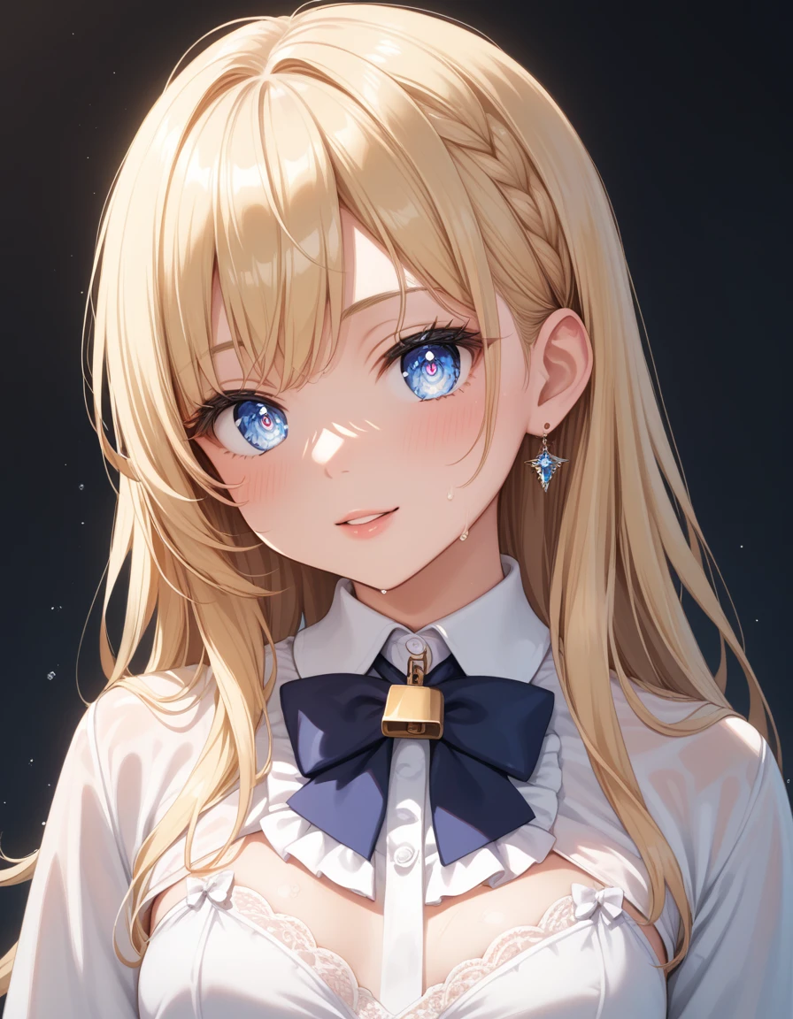 score_9,score_8_up,score_7_up, source_anime,masterpiece,best quality,ultra detailed eyes,high-detailed,(close-up),
1girl,cold expression_face,thin,petite,Girlish body type,poor_stature,small_breasts,
youthful designs,midnight eyes, blonde long hair whit a lock bluse sea