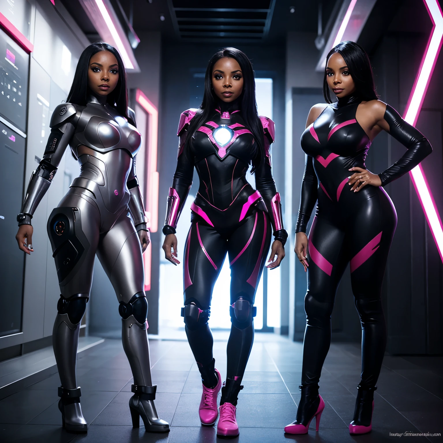 Two stunning figures, clad in a (semi)transparent plastic mech anime exoskeleton, grace the studio setting with their presence. The translucent machine guns attached to their arms gleam in the neon lighting gradients, casting an ethereal glow upon their sleeksilhouettes. Both women boast extremely impossibly wide hips, framed against a black background, enhancing their full body portraits. their dark skin shines with the melanin richness, adding an alluring depth to their photorealistic features. With rippled abs and well-defined muscles, these women embody strength and grace in equal measure. their high hipswidenever cease to captiv
