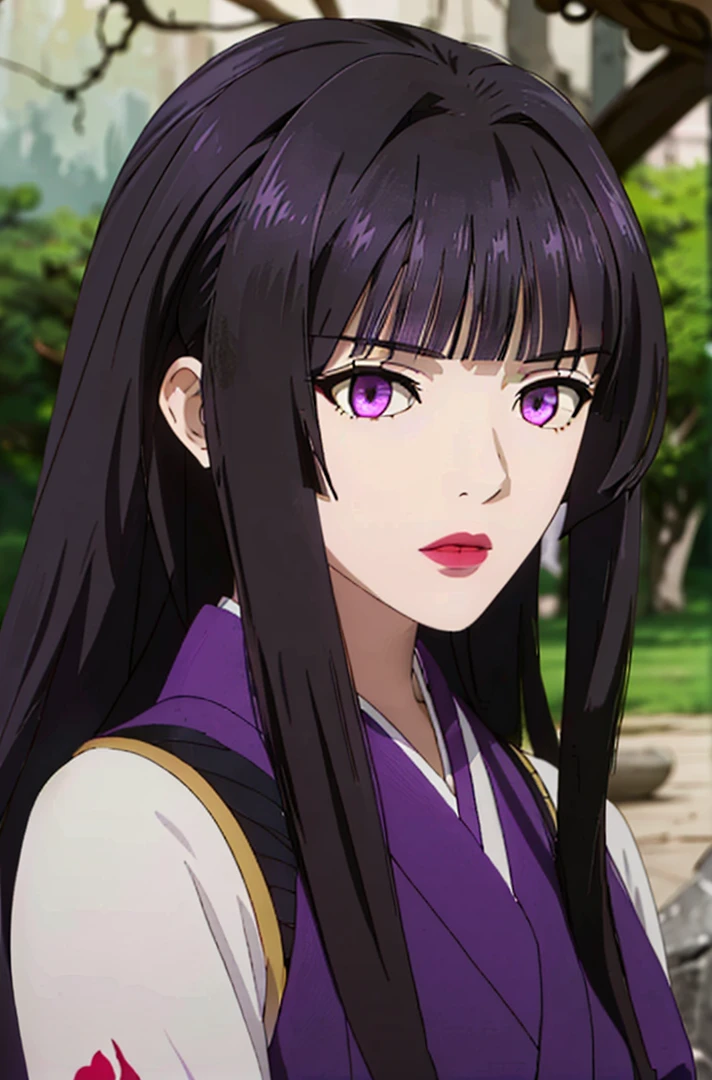 glass, 1girl, solo, long hair, bangs, black hair, purple eyes, looking at viewer, upper body, blunt bangs, kimono, lipstick, hime cut, close up, ((masterpiece)), ((best quality)), ((high detailed illustration)), ((high detailed background)), ((realistic lighting))