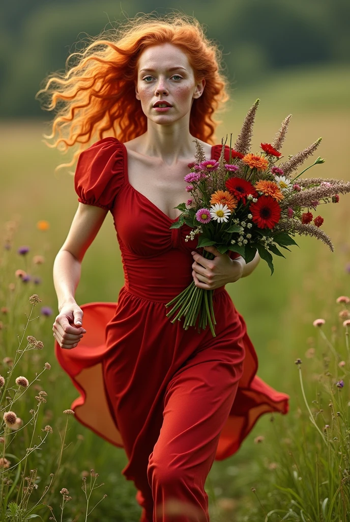 Tall red-haired woman in a flower field wearing a transparent dress 