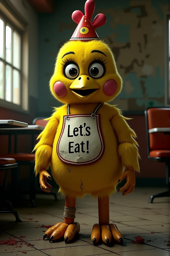 Chica the chicken from fnaf, foot fetish, chicken feet, focus on chicken feet, a pizza in her left hand, naked, breast, nipples. Dark Orange background. Masterpiece, UHD