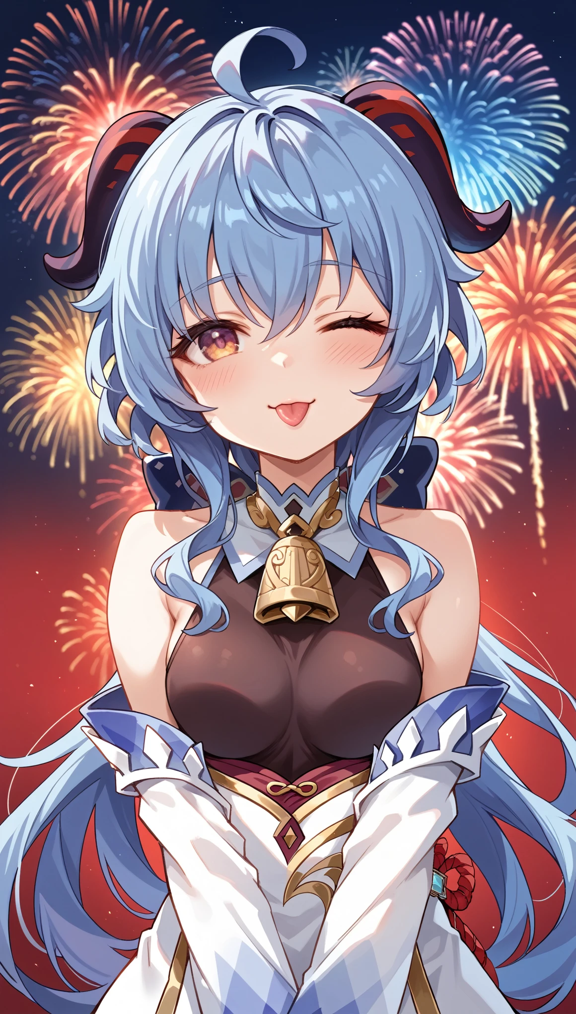 masterpiece，high resolution，Anime Art，Anime Numbers， 4k anime wallpaper，Radiant Skin，Solitary，Original God Ganyu，An anime girl，blush，Cute expression，Tongue out，Hand pinching face，One eye closed，Blue Hair，Red Corner，chest，Golden Eyes，Upper body close-up，Fireworks background