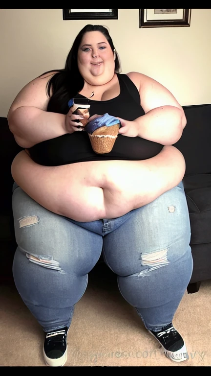 (masterpiece, best quality, highres:1.3), young woman, (USSBBW:1.3), (morbidly obese:1.3), (immobile:1.2), (detailed face), (beautiful face), sat on sofa, watching TV