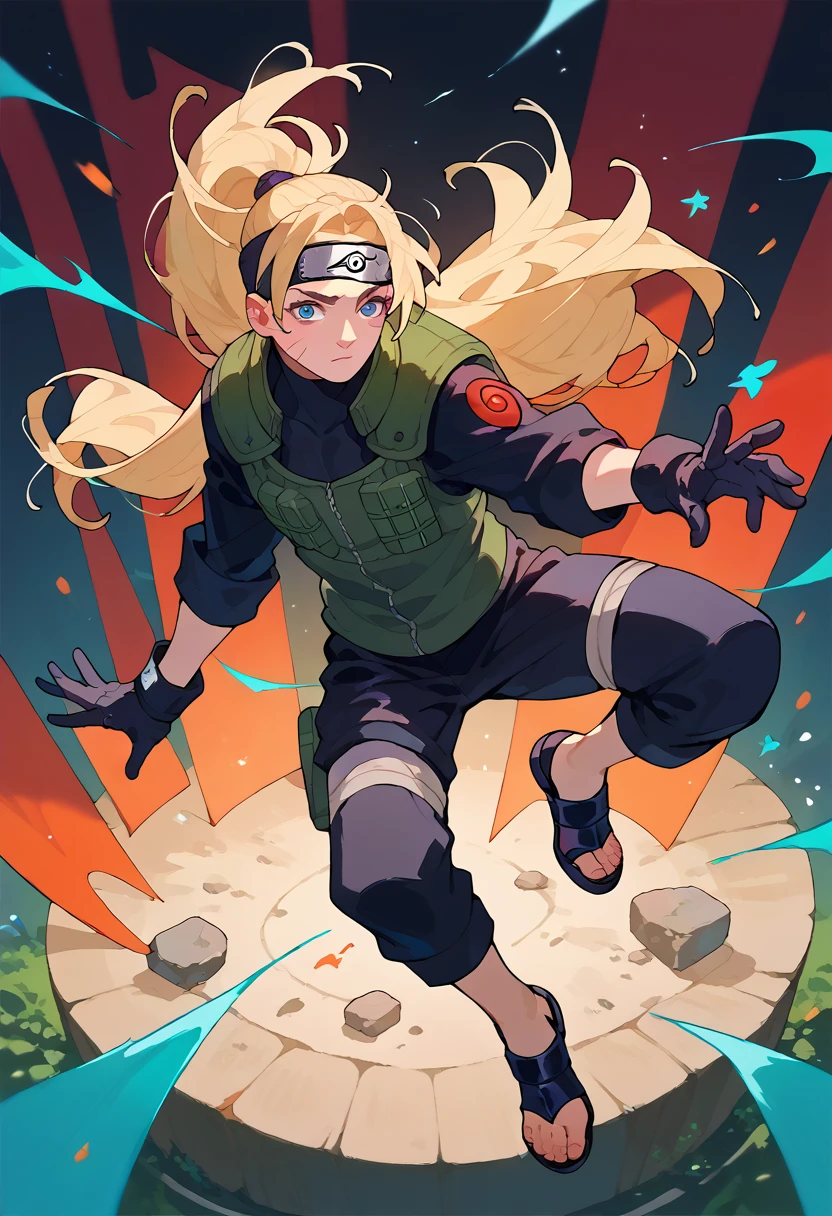 1 girl, adult, blond hair, long hair, blue eyes, sexy, green vest, head band, black pants black shirt, armored black gloves, black ninja sandals, full body