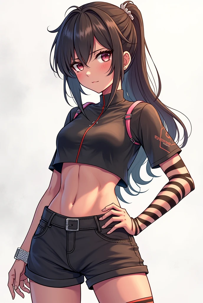 underboobs, black hair, twintail, small breast, tattoo, green eyes, sharp eyes, hoodie