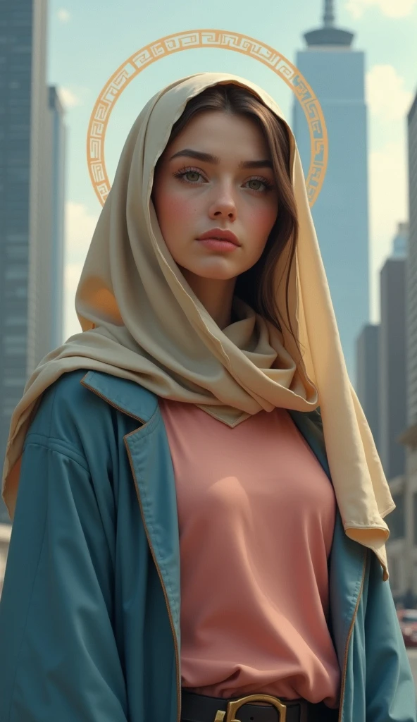 Create a dynamic collage artwork featuring a young woman wearing a golden headscarf, blending traditional and modern elements into a harmonious, visually striking composition. Layer intricate textures such as gold filigree, ornate mosaics, and flowing fabric folds to evoke elegance and movement. Integrate symbolic imagery like radiant sunbursts, abstract geometric shapes, and shimmering metallic accents to emphasize the theme of 'gold.' Add subtle cultural references, including henna designs, calligraphic motifs, or architectural silhouettes, intertwined with contemporary design elements like fragmented reflections and digital glitch effects. The color palette centers around warm golds, deep blacks, and soft neutrals, creating contrast and depth. The overall mood is one of empowerment, beauty, and timeless sophistication