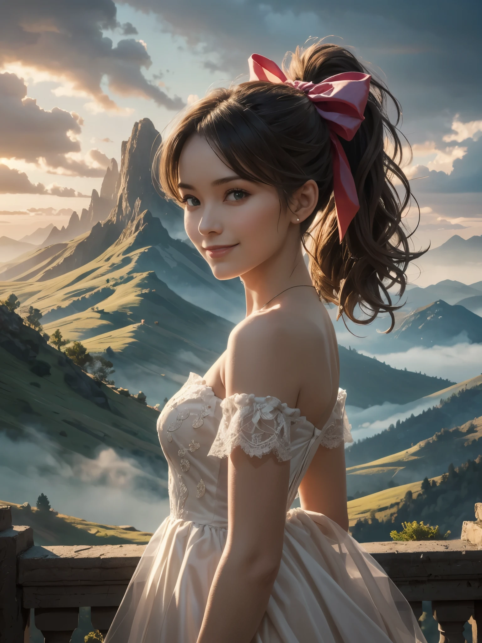 girl, from side, standing, strapless dress, looking at viewer, smile, head tilt, ponytail updo, parted bangs, big hair bow ribbon, shoulder, see-through lace, (mountain:0.8), (highly detailed), sharp shadow, intricately detailed, cinematic contrast, outdoors, sharp focus, detailed sky, floresta, emerald fog, mystic, dynamic lighting, vivid colours, breathtaking, atmospheric perspective, masterpiece,