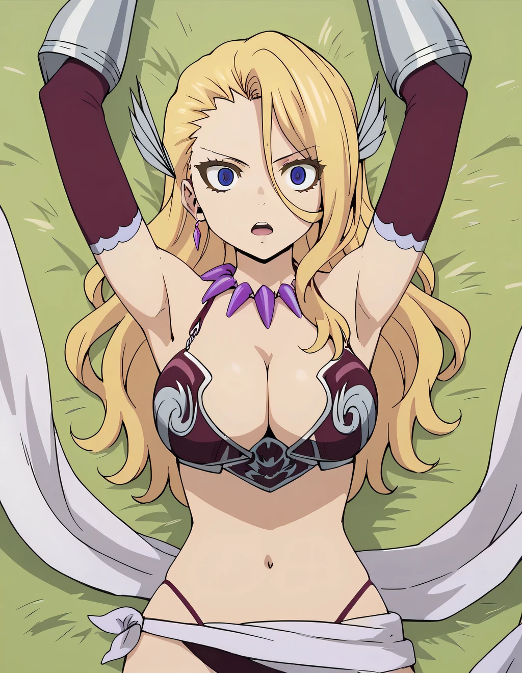 Kiria, solo, blonde hair, long hair, blank eyes, wide eyes,  
hair_ornament, necklace, bikini armor, bare shoulders, cleavage, detached sleeves, shawl, high quality, solo, lying, on back, on grass, open mouth, arms up, spread arms, cowboy shot, looking at viewer, unconscious, best quality,