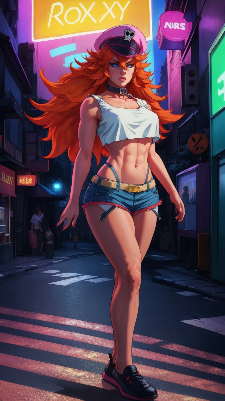 roxy,orange hair,blue eyes,long hair,white crop top,collar,short shorts, peaked cap, upper body,walking, nice shoes,looking at viewer, night,neon lights,streets, (insanely detailed, masterpiece, best quality),solo