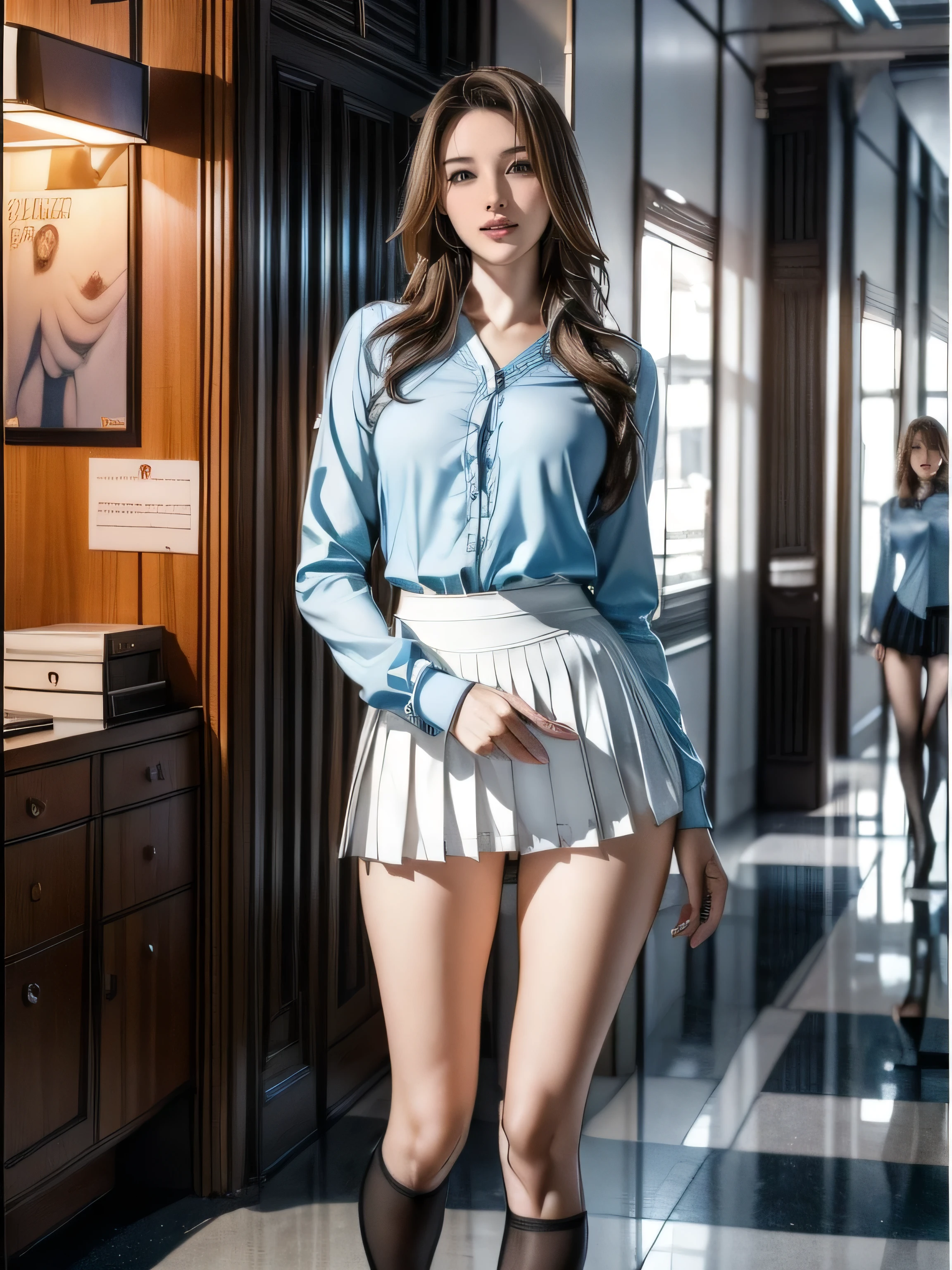 the prettiest face of a 20 year old actress, perfect proportions of female body, dress shirt is worn, vagina of female crotch between legs, short skirt is worn without panties, sitting on the couch, in the living room, nsfw, best quality, highly detailed, masterpiece, ultra high res, photo realistic, 8k