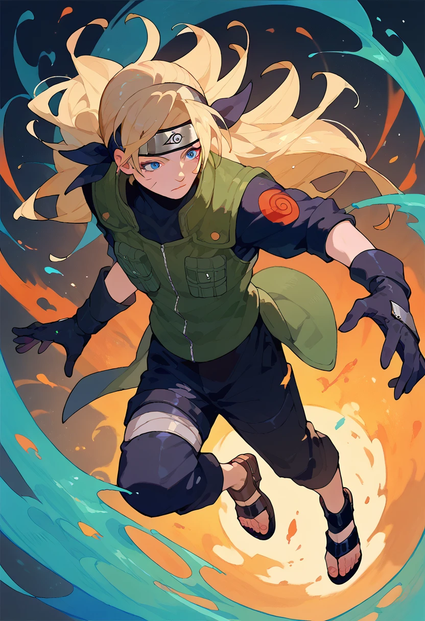 1 girl, adult, blond hair, long hair, blue eyes, sexy, big boobs green vest, head band, black pants black shirt, armored black gloves, black ninja sandals, full body