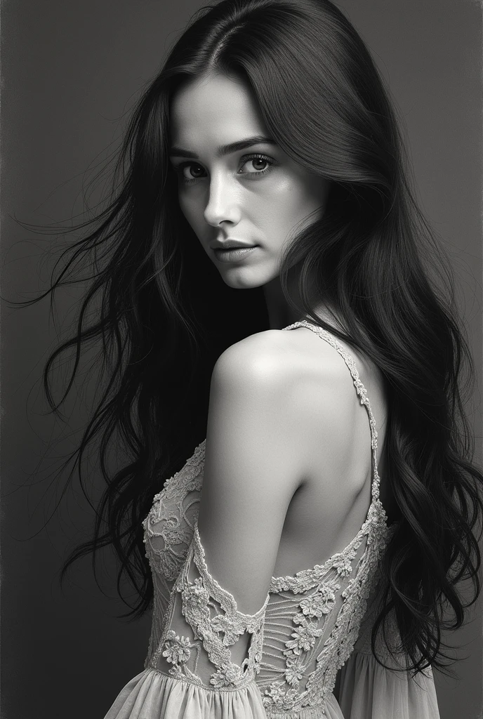 Woman with long hair and a ring on her finger, sensual expression, black and white portrait, inspired by Peter Basch, by Constantino Andreou, Angela Sarafyan, inspired by Mario Sironi, looking intensely at the camera, inspired by Irakli Nadar, by Alexey Merinov, black and white fine art photography, analog photography
