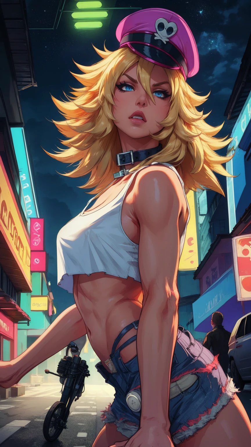 blonde hair,blue eyes,long hair,white crop top,collar,short shorts, peaked cap, upper body,on the motocicle, nice shoes,looking at viewer, night,neon lights,streets, (insanely detailed, masterpiece, best quality),solo,