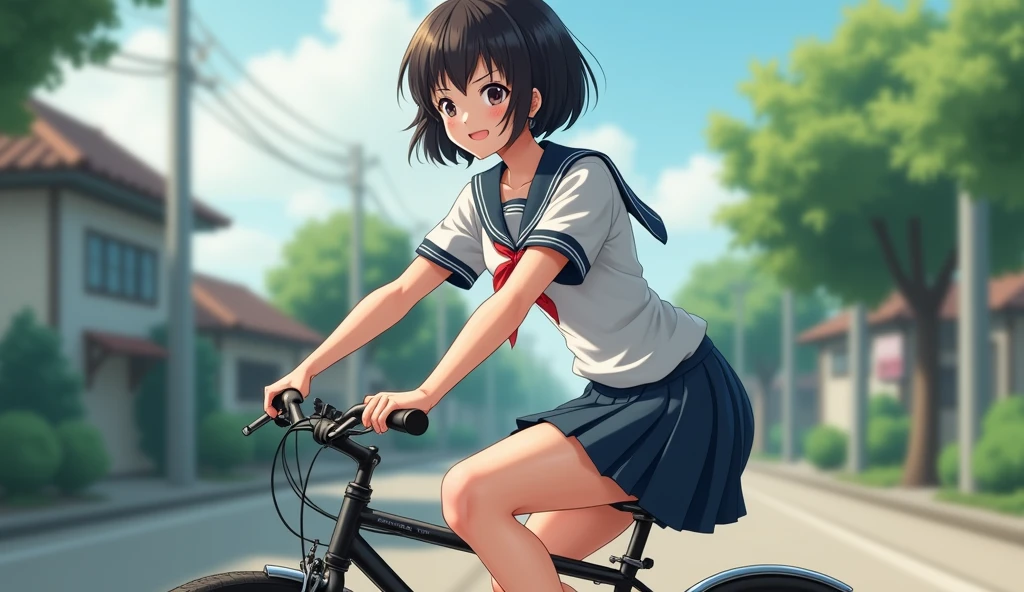 Japanese girl 18-year-old short hair Smile boyish uniform Student Council President Navy blue sailor suit ride a bicycle White underwear