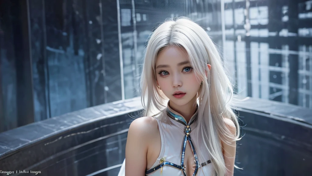 Beautiful Japanese Girl Wet grey eyes Right Body (whole body:1.5) (Platinum blonde thinning hair 1.5) Fine and intricate hair Super Long Straight Silk Hair Asymmetrical Bangla-style beautiful eyes Wet grey eyes Purple Sky devil'wing (Simple red dress:1.5) Open shoulder mini skirt Detailed and perfect collarbone Fair skin and beautiful breasts Detailed and beautiful thighs Smooth and soft skin、Shining Face、Bright makeup、Pale pink lips、Emerald Look、16-year-old girl、Full moon night Seaside town Clear focus、Smoothness、aesthetics、Professional Lighting