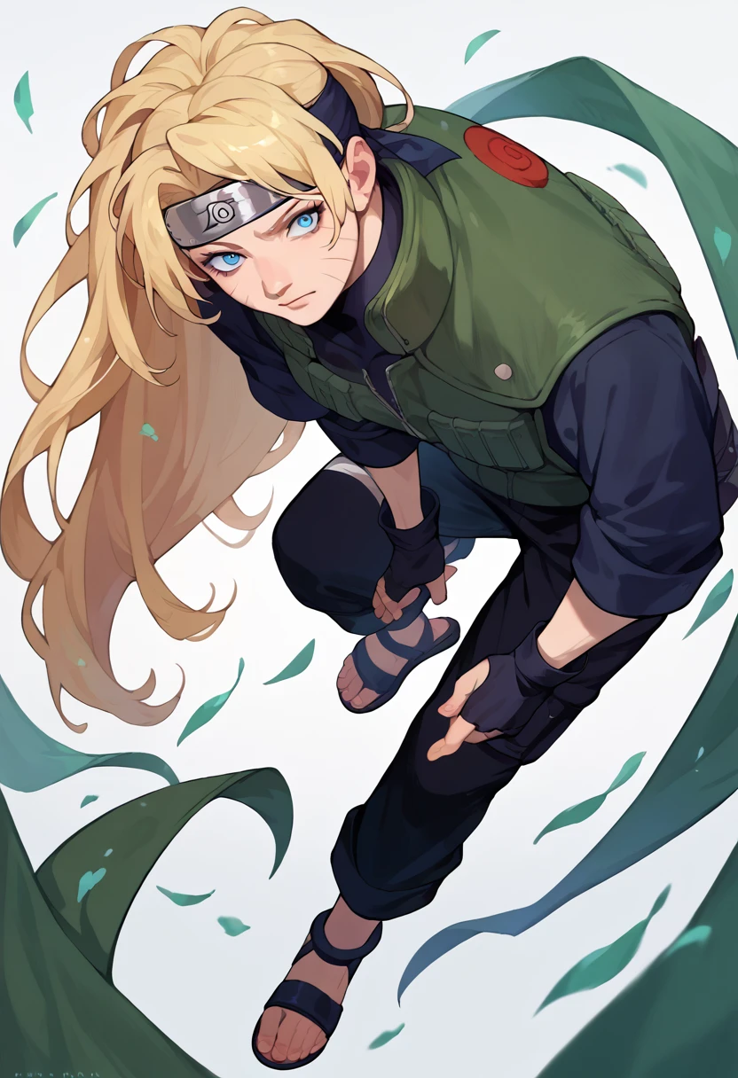 1 girl, adult, blond hair, long hair, blue eyes, sexy, green vest, head band, black pants black shirt, armored black gloves, black ninja sandals, full body