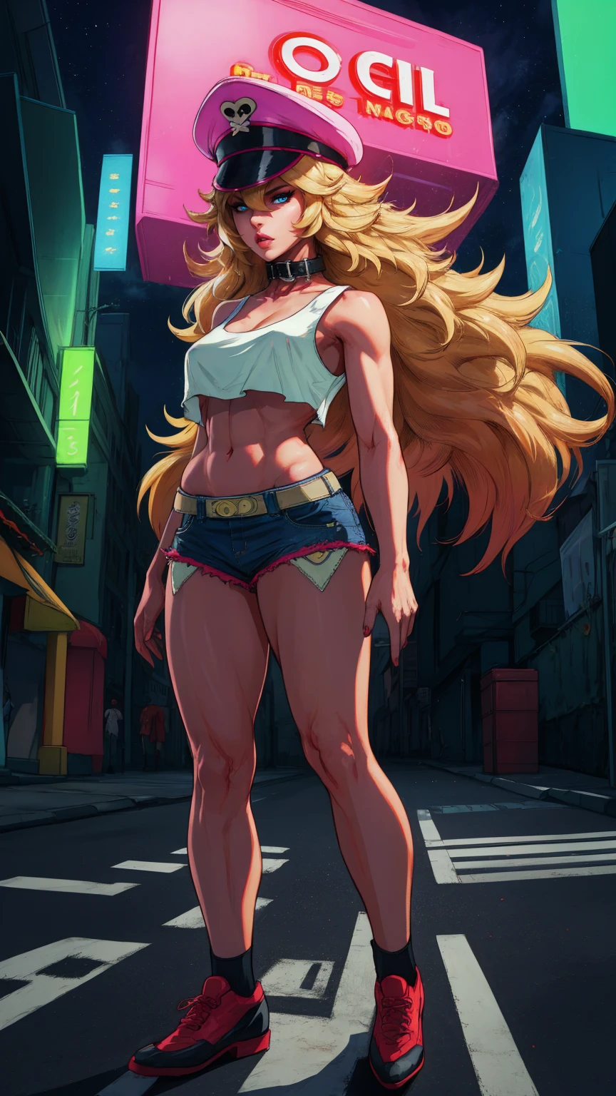 blonde hair,blue eyes,long hair,white crop top,collar,short shorts, peaked cap, upper body,on the motocicle, nice shoes,looking at viewer, night,neon lights,streets, (insanely detailed, masterpiece, best quality),solo,