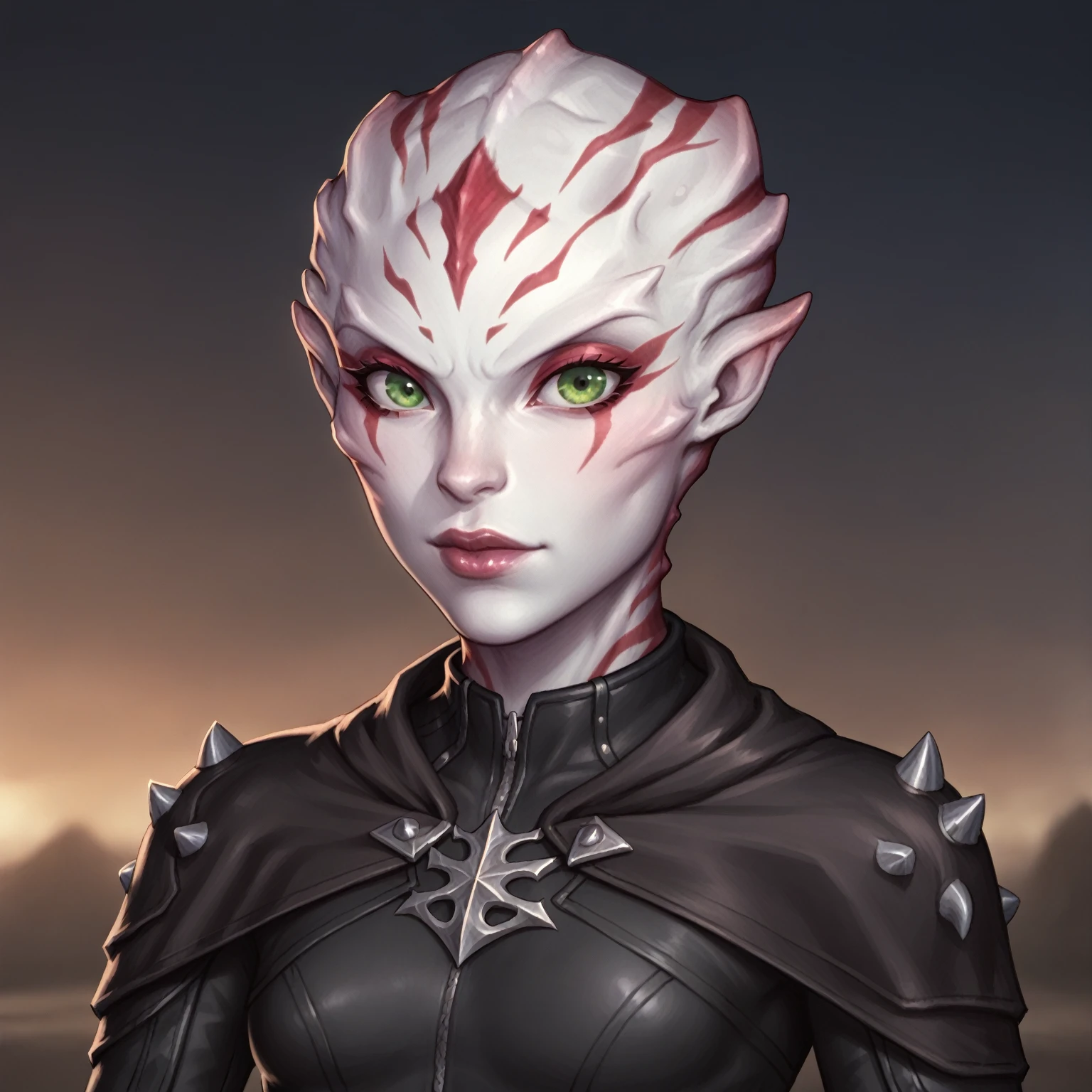 (((high quality, comics style, detailed face))), score_9, score_8_up, score_7_up, BREAK, bust shoot view, solo, 1girl, ((parshendi, alien, carapace, white skin with red marbling)), green eyes, slender, small breasts, black studded jumpsuit, cropped cloak, leather bracers, fantasy background, blurred background, Expressiveh, detailxl