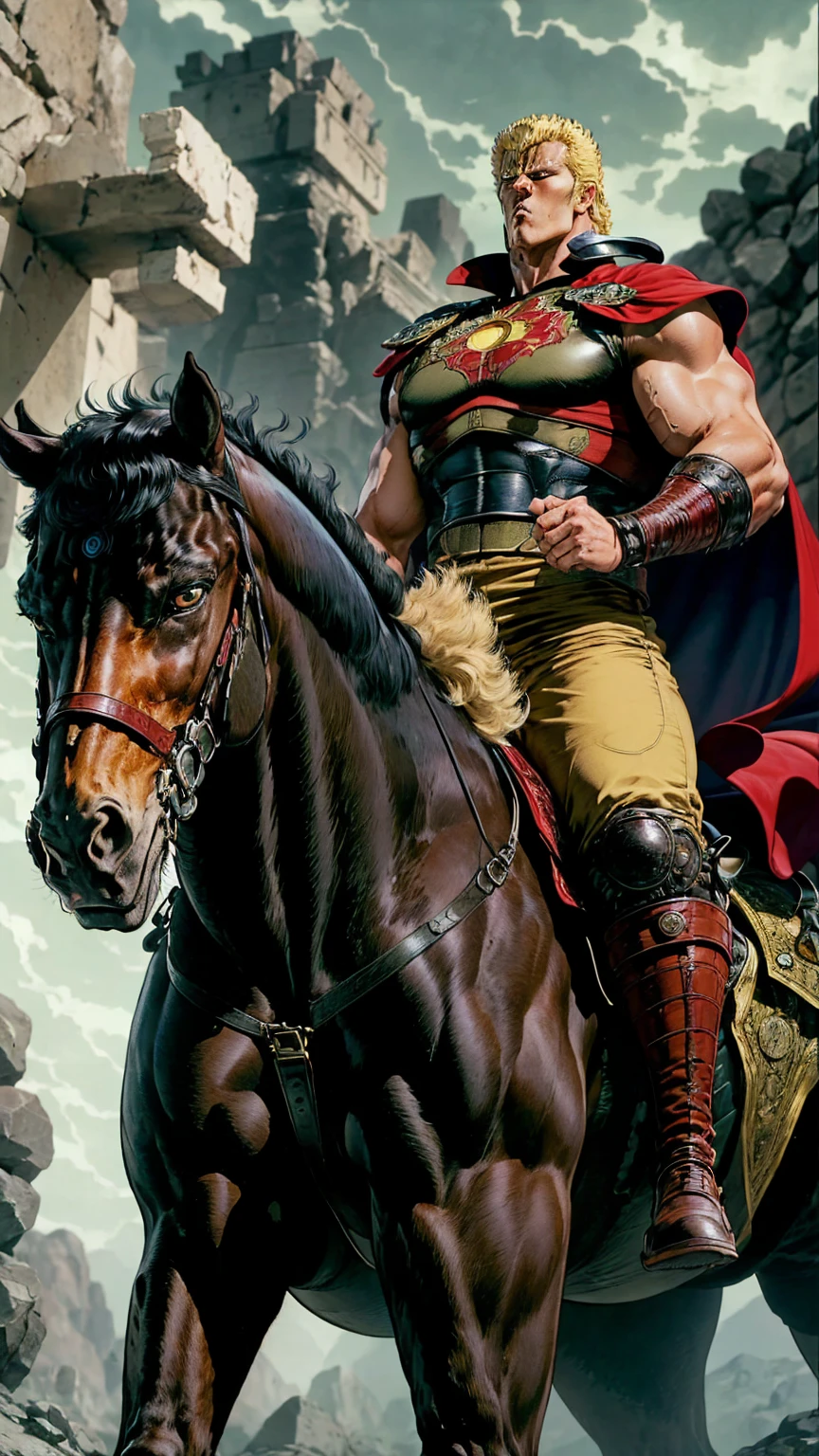 Best Quality、８k、Raoh from Fist of the North Star rides a giant jet-black horse、Staring at me with firm eyes、Taking the reins、Wearing a red cape、Horses leap into the air、Flying、Unbelievable footage、A scene from a movie、