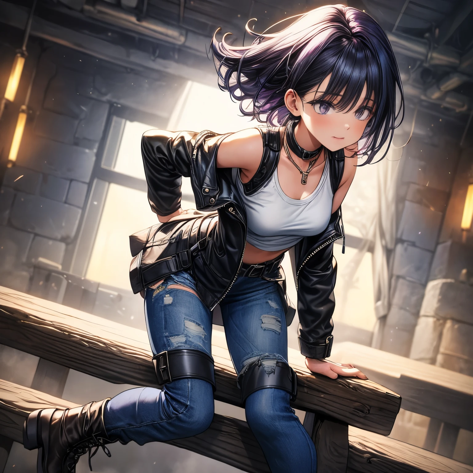 4k, HDR, full HD, Masterpiece, 1girl, (purple hair), perfect anatomy, full body, Denim jacket: short sleeveless blue denim jacket, giving it a modern and eye-catching touch.
Black T-shirt with long sleeves: Under the jacket, a tight-fitting black T-shirt with sleeves. The sleeves have black and white stripes.
Denim skirt: She wears a short denim skirt, which matches her jacket. The skirt is dark blue and fits her practical and modern style.
Black tights: Under the skirt, she wears black tights that completely cover her legs, giving her an extra touch of style and protection.
Brown Boots: Complete your look with tall, sturdy brown boots that are practical for combat and adventures.
Brown Belt: Wear a brown belt around your waist, adding a functional and decorative accessory to your ensemble.