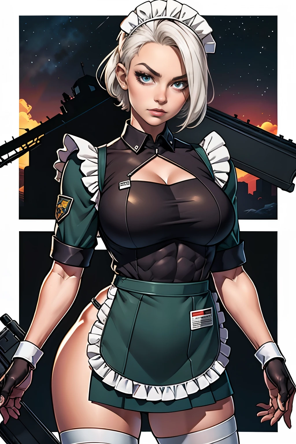 Maid uniformを着た美しいサイボーグの女性兵士、Short white hair、Muscular、Six Pack Abs、(Maid uniform:1.8)、(White ruffled apron:1.4)、Facial blemishes、Eye patch、（Shootout with space gangsters：1.5）、Smirking expression、Dynamic Configuration、Detailed、Reality、8K、high resolution、超Detailed、Movie Lighting、Dramatic Colors、Science Fiction、Concept Art