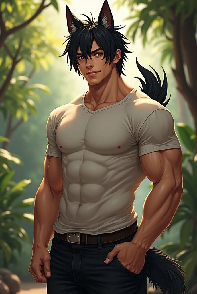 shirtless Anime guy with dark skin black hair cat ears dark and green eyes
