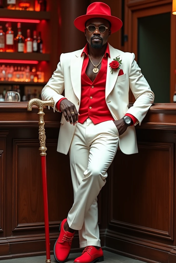"hyperrealistic image of Seu Zé Pilinta, a man of African descent of approximately 40 years of age, a charismatic and iconic figure of Brazilian Umbanda. He is dressed in an impeccable white suit, white hat and a vibrant red tie. His face displays a mocking smile, conveying his characteristic trickery and cunning. On his left side, a bottle of cachaça and a glass reinforce his bohemian image. On his right, a dagger and playing cards indicate his mysterious and enigmatic side. colorfully portrays the urban and popular environment where Seu Zé Pilinta operates."