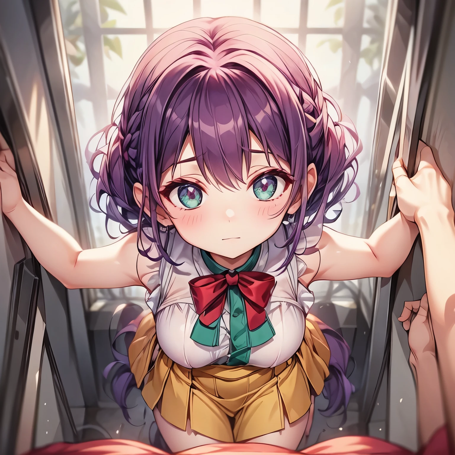 4k, HDR, full HD, Masterpiece, 1girl, (purple hair), perfect anatomy, full body, Style: Her clothes are simple, modest and comfortable, suitable for a quiet life. Sleeveless blouse: She usually wears a sleeveless blouse, usually in a light green tone, which reflects her peaceful and helpful nature. Complement your outfit with short yellow shorts, which are light and practical. She wears comfortable red shoes to perform everyday tasks with green socks. On her head she wears a red bow, slightly to the side. brown gloves without covering the fingers