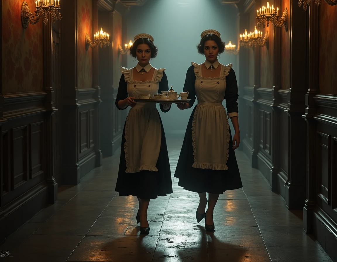 Inside a large and beautiful room there are many zombie maids doing the cleaning.