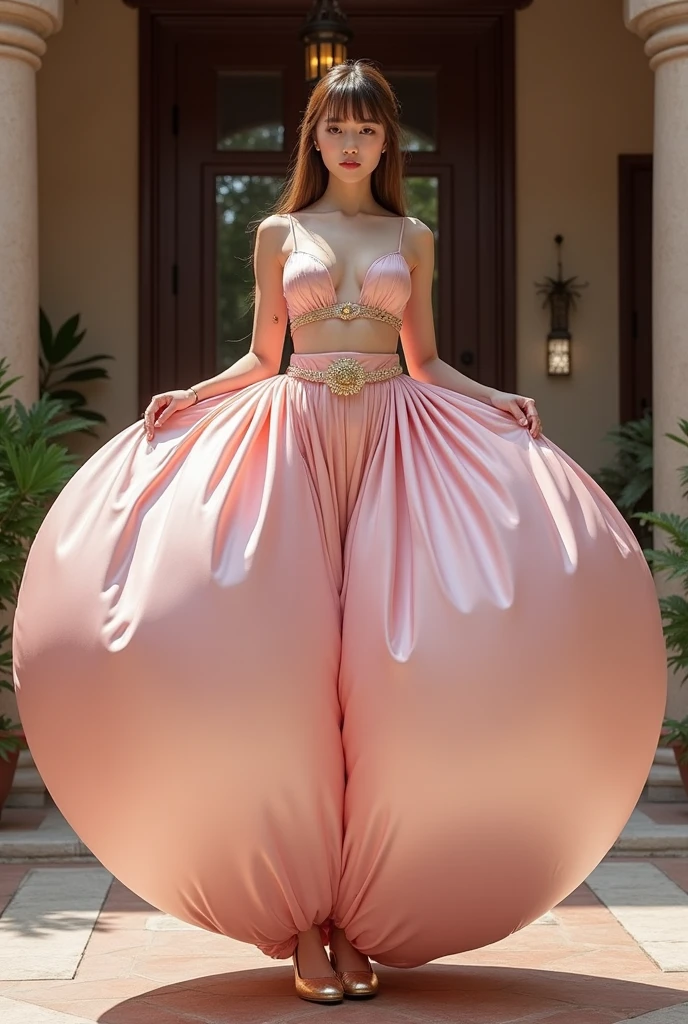 Mikuru Asahina, solo, fullbody, humongous breasts, oppai, wearing an Arabian outfit consisting of humongous inflatable satin princess Jasmine-style pants & a giant inflatable satin bra. The pants are light pink and extremely puffy and completely round and completely spherical, high quality.