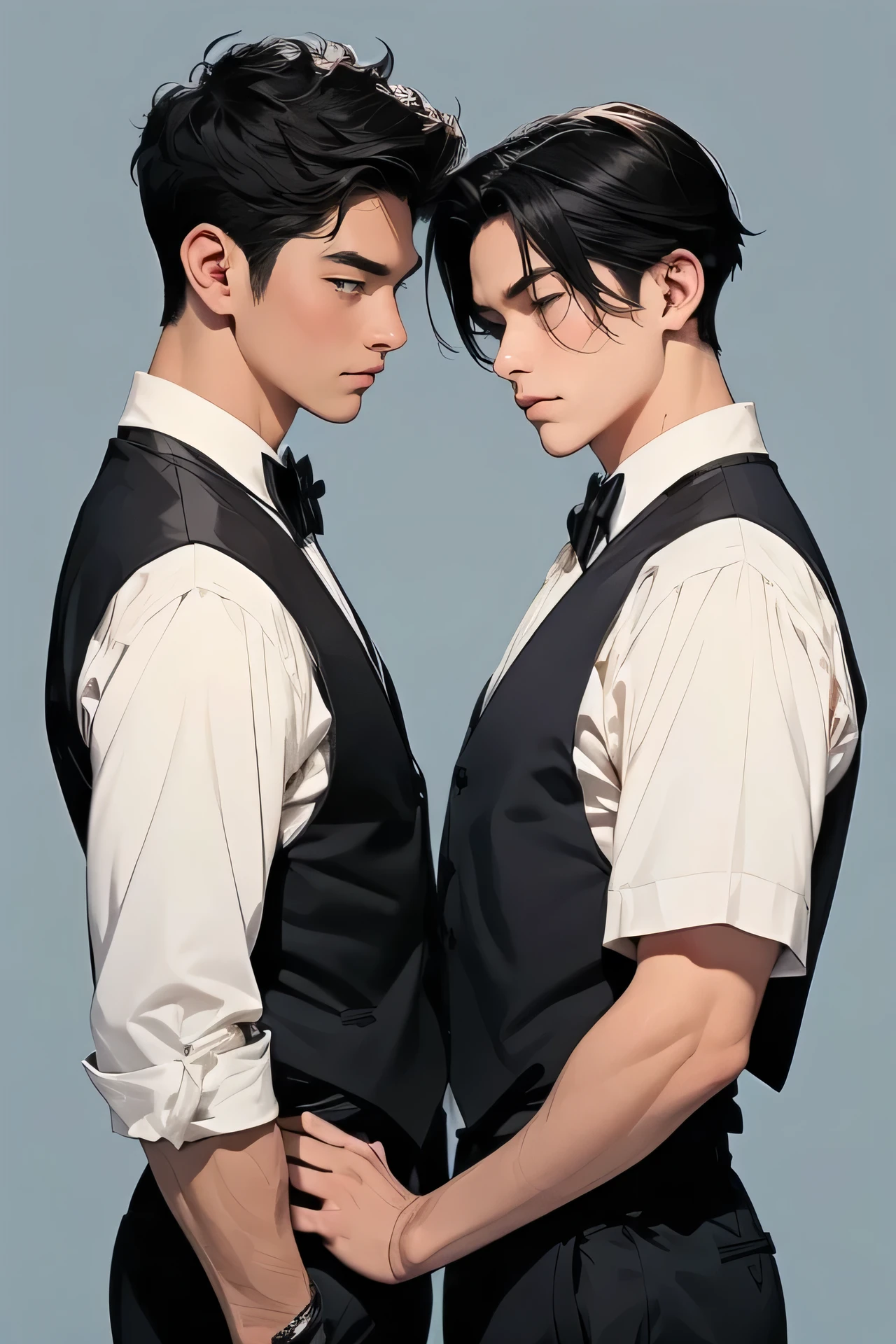 Two Japan　Two men　Two handsome guys　Black Hair　　　smile　　Bow tie　　Singlet　cuffs　Future Universe　Man and Man