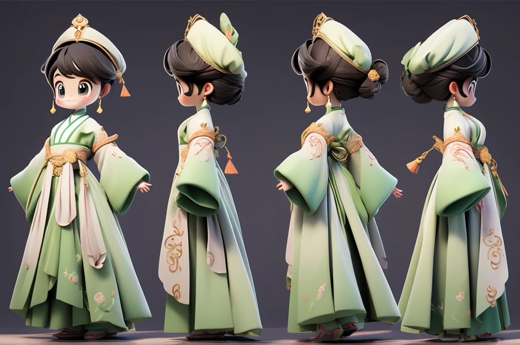 title：Chinese style Q version character three-view design style：Q version cartoon，Cute colors：Main colors：Chinese Red，Gold and emerald green accents：
  front：Big eyes，Rounded face，Smiling face side：Simple hairstyle，No neck detail on back：Simple hairstyle和服饰背面设计
服饰：Hanfu，简化的传统Hanfu设计，Tops and bottoms，Wide sleeves，Double-breasted pattern：Simplified Chinese classical pattern，Such as peonies、Moire accessories：Simplified headdress，There are Chinese knots and tassels tied around the waist：
  front：Hold your hands together，Bowing posture side view：One hand strokes the sleeve，The other hand hangs naturally on the back：Natural standing，Show the complete back of the garment，Skirt covers feet background：pure white，No other element details：
  Material：服饰Material看起来柔软
  光影：Slight shadow and highlight expressions：Lively expressions，Bright eyes Other requirements：Three views are neatly arranged，Character Center，Proportional coordination，Convenient 360-degree view of design details，Skirt length covers the feet，No neck or feet shown
