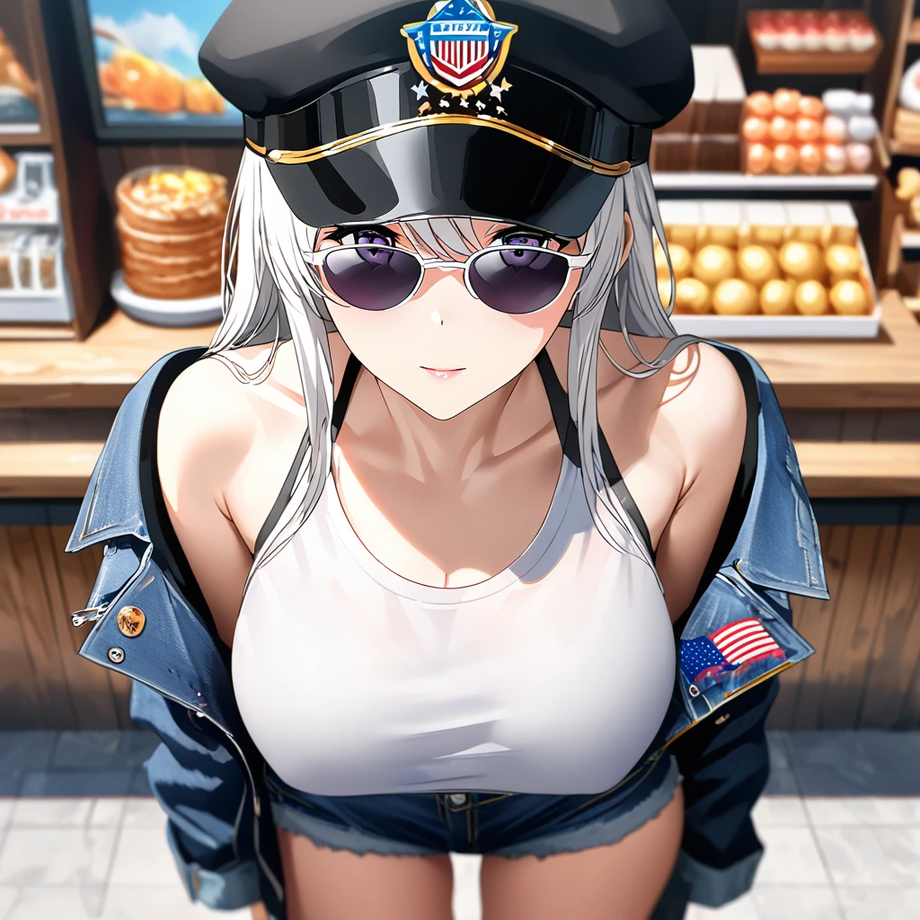 A woman wearing an open denim jacket, with a white sleeveless shirt, with an airplane design on the shirt, short denim shorts, black boots, with sunglasses, big breasts, black hat with the symbol of the United States, close-up camera, walking in the exterior of a snack bar, daytime location, long white hair, purple eyes., Perfect face.bokeh effect, stereogram, tachi- e, atmospheric point of view, high detail, luminism, hyperrealism, brightness, 8k, super detail, accurate, best quality, high resolution, award-winning, anatomically correct ( solo woman)
