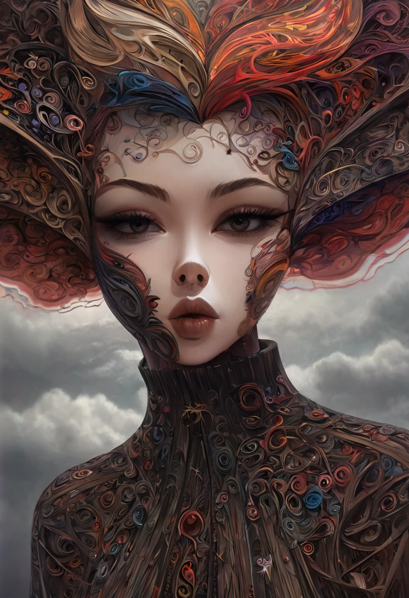 official art, unity 8k wallpaper, ultra detailed, beautiful and aesthetic, masterpiece, best quality, (zentangle, mandala, tangle, entangle), (fractal art:1.3) , 1girl, medium breast, extremely detailed, dynamic angle, cowboyshot, the most beautiful form of chaos, elegant, a brutalist designed, vivid colours, romanticism, atmospheric, ecstasy of musical notes, streaming musical notes visible