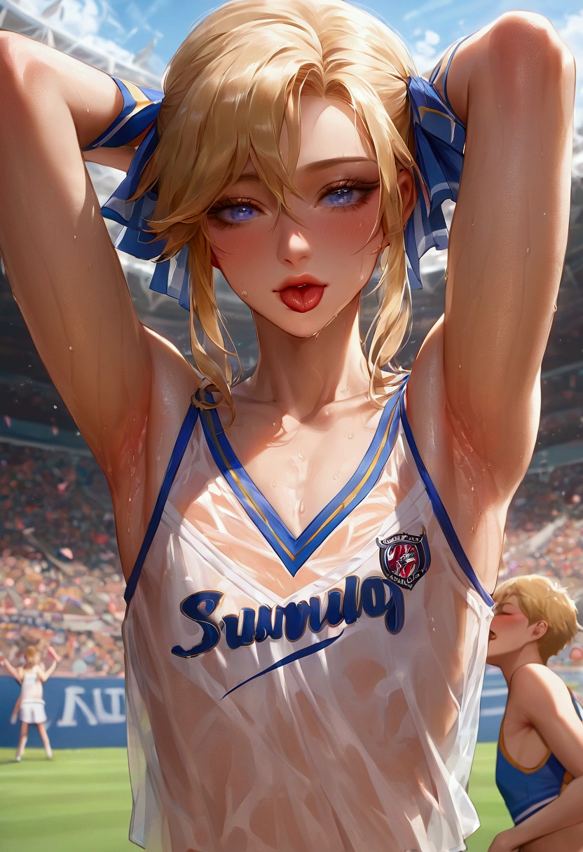 score_9, score_8_up, score_7_up, Portrait of a very beautiful boy,((Two people)),Armpits Worship,Licking armpits,Sniffing armpits,Cheerleader Costume,Blonde,Semi-long,anime,Stadium,Unreal beauty,Captivating eyes,Sweating,Sweaty armpits,Thin chest, femboy, trap,Beautiful Shadows,Best Quality,  (Subtle details), (Intricate details), Cinematic Light,Ray Tracing,Beautiful Face,Perfect Face,Upper body close-up,Wet and see-through clothes