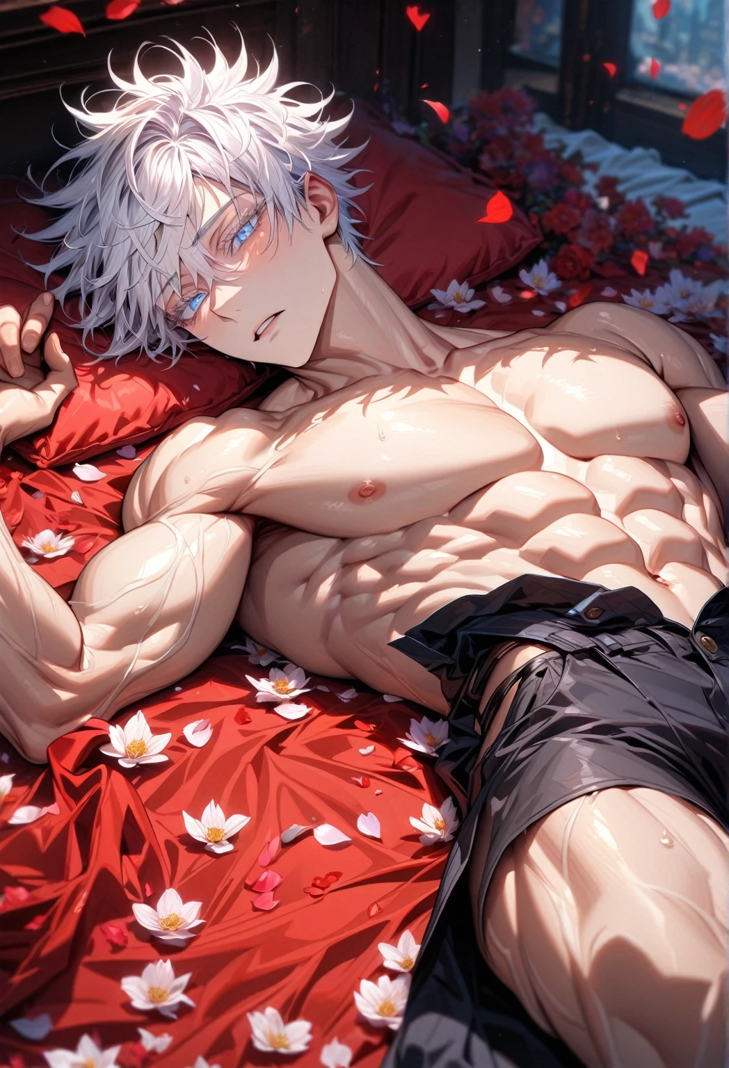 absurdres, highres, ultra detailed, HDR, master piece, Gojou Satoru, white hair with bangs, expressive blue eyes, white eyelashes, black pants, sexy man lying down on a bed, best quality, Jujutsu Kaisen, solo, sensual, handsome, adult face, red sheets, petals, red pillow, lewd, black pants, toned chest