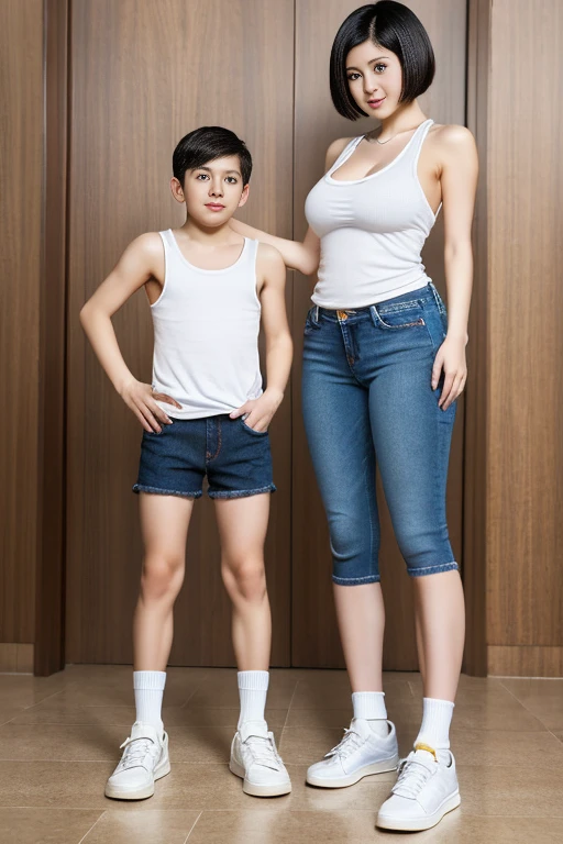 super detail, best quality, UHD,Very large breasts、White tank top、jeans、Tall、Short Hair、Thick thighs、sneakers、White socks、(((Young mother alone　One son)))、