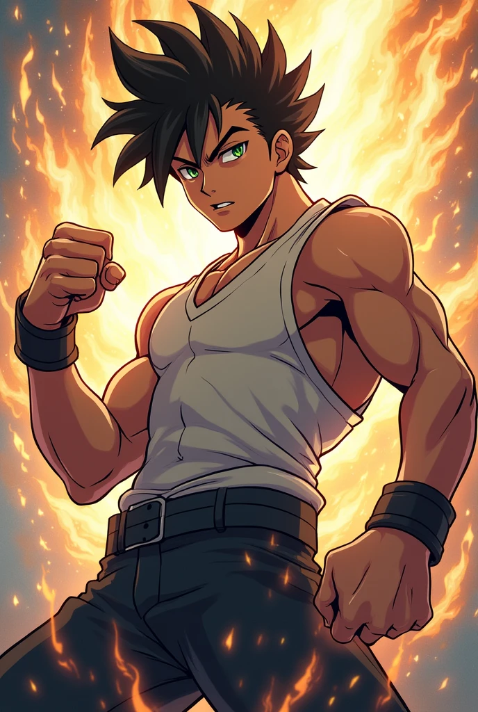 Son goku black, 1boy, backlight, black eyes, golden hair, blue bracelet, closed mouth, dougi, lock of hair, hands up, light particles, looking at viewer, male focus, muscular, muscular man, pectorals, smile, solo, long hair, upper body, bracelet, ((masterpiece))