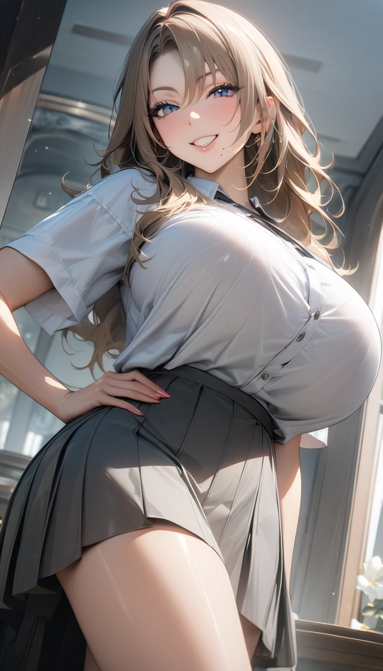 ((最high quality, 8k, masterpiece)), High resolution、（high quality: 1.5）、Very detailed、Detailed face、Bright colors、Natural light、Fine grain、Colorful eyes、Beautiful Face、Highly detailed face texture of a woman,masterpiece, 最high quality, Detailed and beautiful eyes,最high quality、Best image quality、masterpiece,girl,smile,Embarrassing,From below(,Big Breasts),grin,,white shirt,gray skirt,hand on hip,mole under mouth,Just beautiful,masterpiece,Alluring、最high quality、so beautiful,High resolution,1girl, Alone,make up,smile,mature female,make,(masterpiece:1.2)、(最high quality:1.2)、Latest Glossy Skin