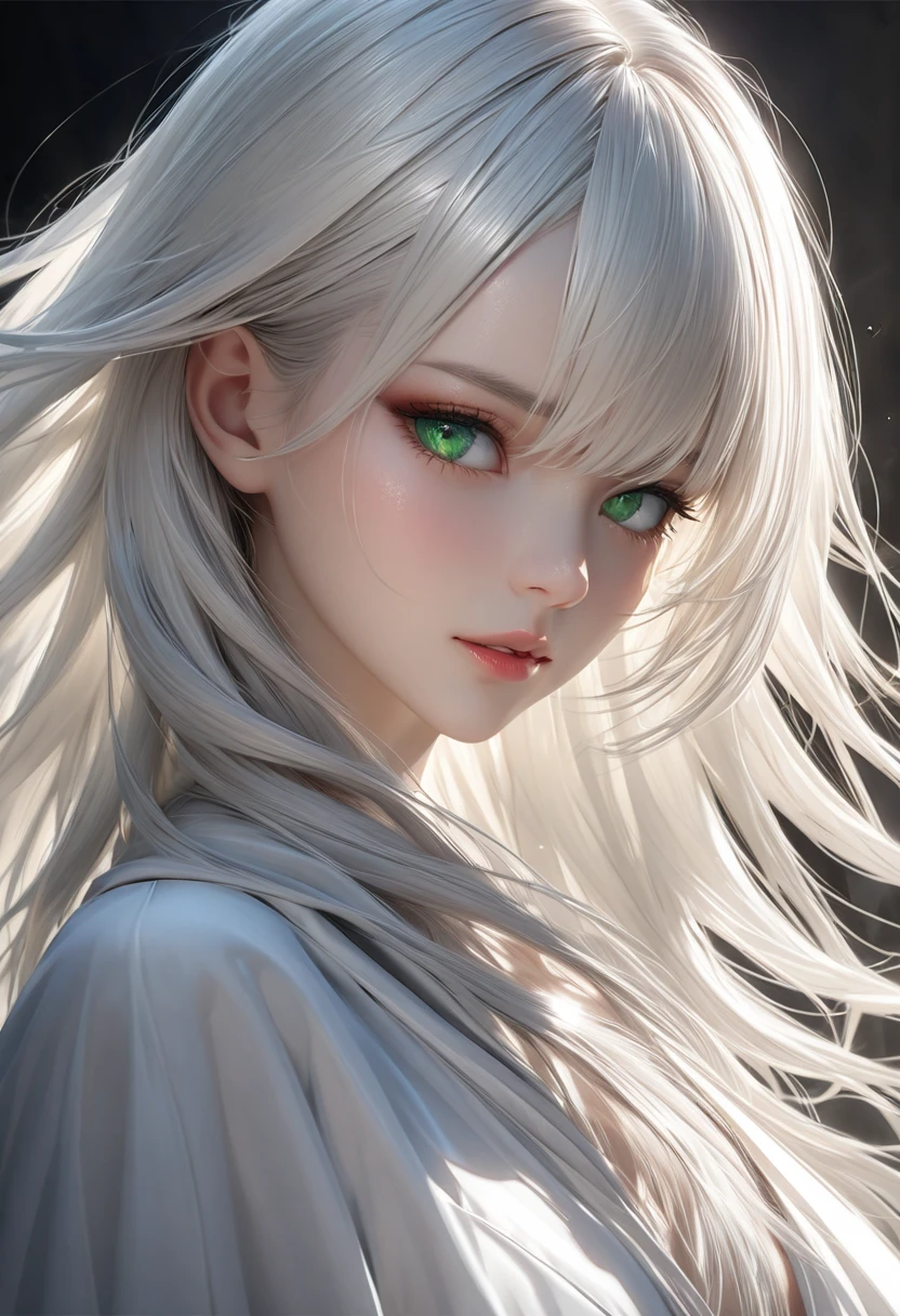 Create a hyper detailed photograph of a young sexy female sephiroth, Stunningly perfect gorgeous face, perfect makeup, detailed vibrant eyes, long hair, hour glass body figure, perfect beautiful legs, perfect beautiful arms, perfect torso, detailed silky smooth skin, breast, perfect ass, sexy lace lingerie,