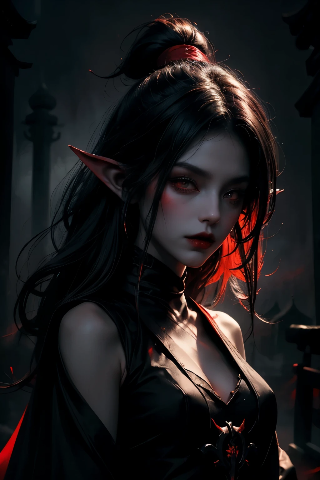 (dark fantasy:1.3), (black and red theme:1.3), (dark theme:1.3), (in the dark:1.3), (1dark elf:1.3), solo, portrait of extremely pretty and cool beauty female dark elf, wearing a dark gothic dress, in front of Japanese Temple Torii, Torii, ruined temple, dark forest, magic, fantasy, fog, smog, steam, light veil, front view,