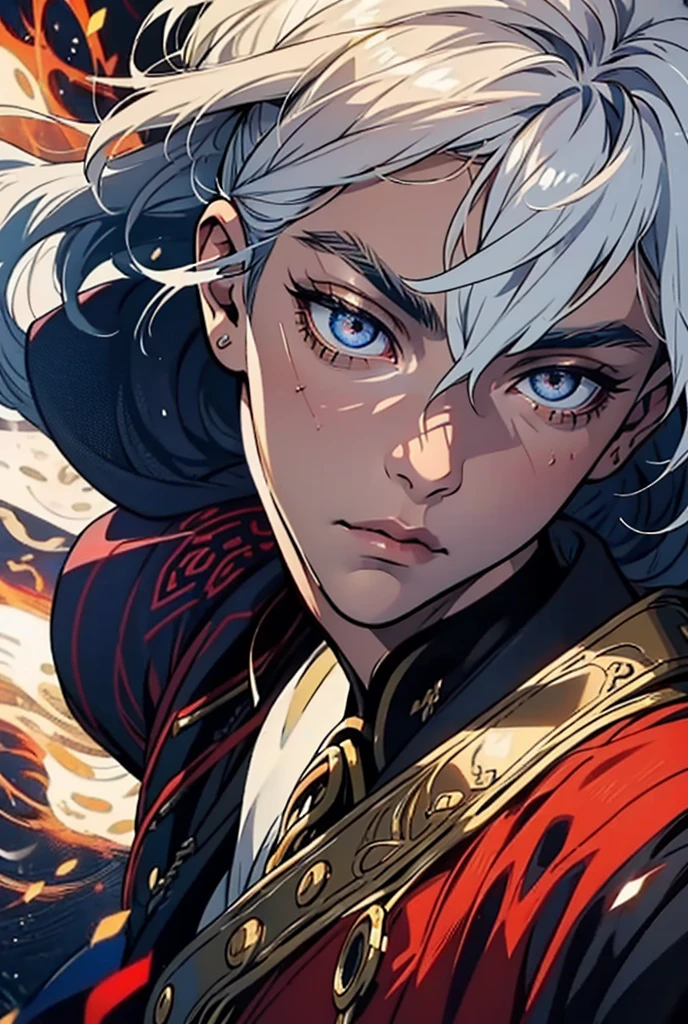 vampire. strong. anatomically correct, short hair combed to the side. Silver hair, Random colored eyes. Fire on the ground. Clothes of a warrior from a very rich empire. masculine. masculine features. Navy blue clothes