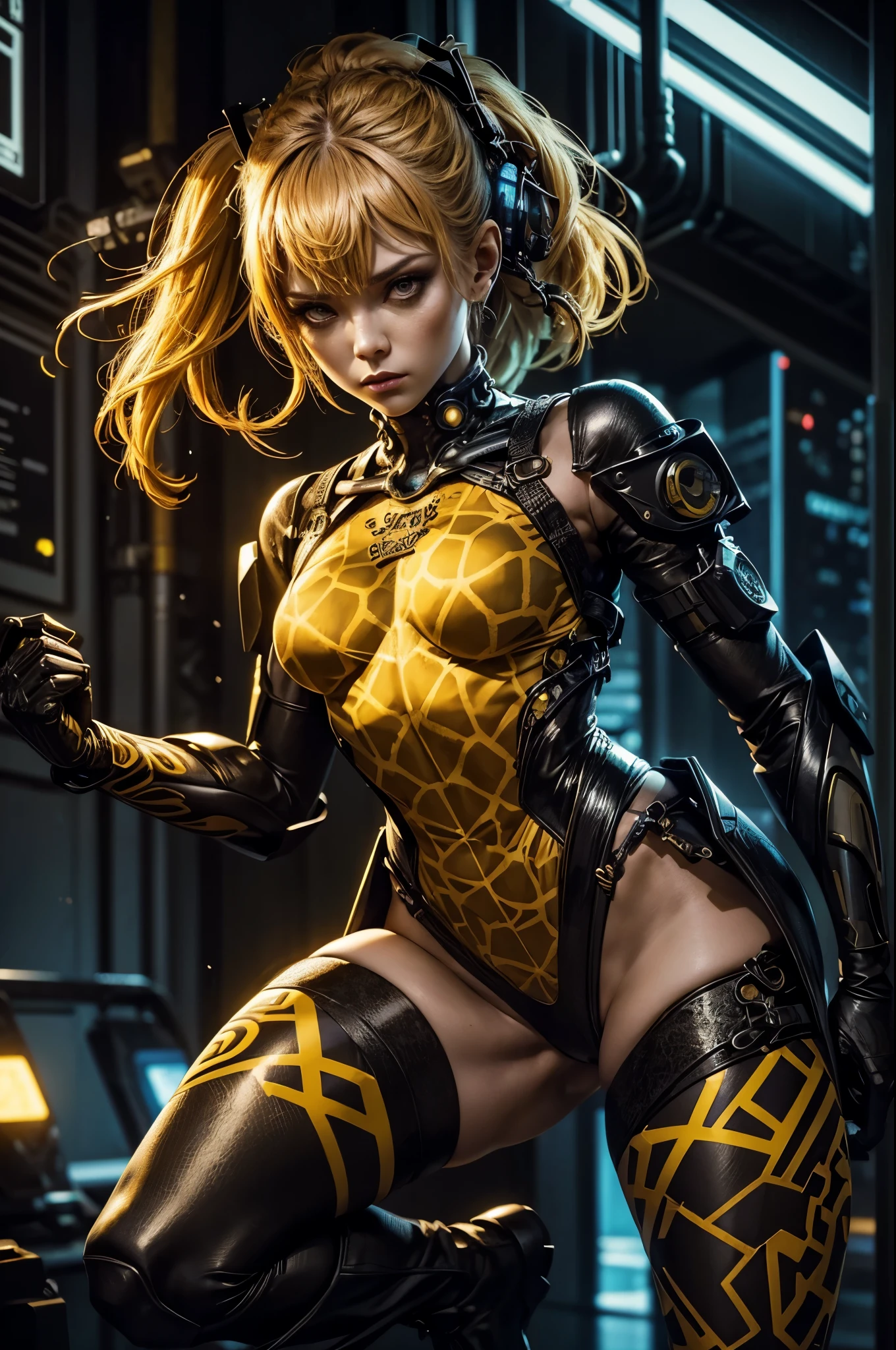 a (giraffe pattern outfit) yellow and black outfit,sword,beautiful cyberpunk woman,cyberpunk angry gorgeous goddess,beautiful cyborg girl ,hyper realistic,intricate details,cinematic lighting,vibrant colors,award winning,stunning,masterpiece